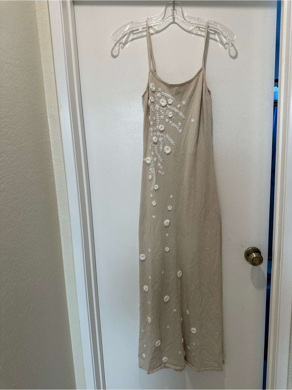 Camila Coelho Beige Maxi Slip Dress with White Floral Appliqué Size Small